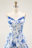 Blue White Flower A Line Ruffled Corset Long Formal Dress with Slit