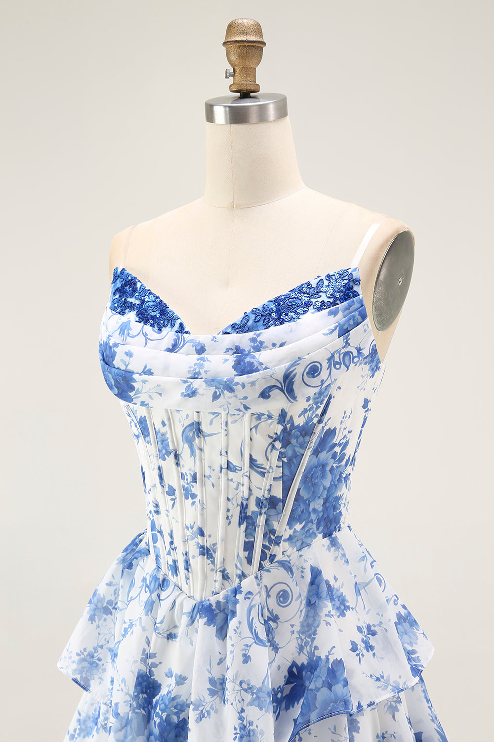 Blue White Flower A Line Ruffled Corset Long Formal Dress with Slit