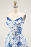 Blue White Flower A Line Ruffled Corset Long Formal Dress with Slit
