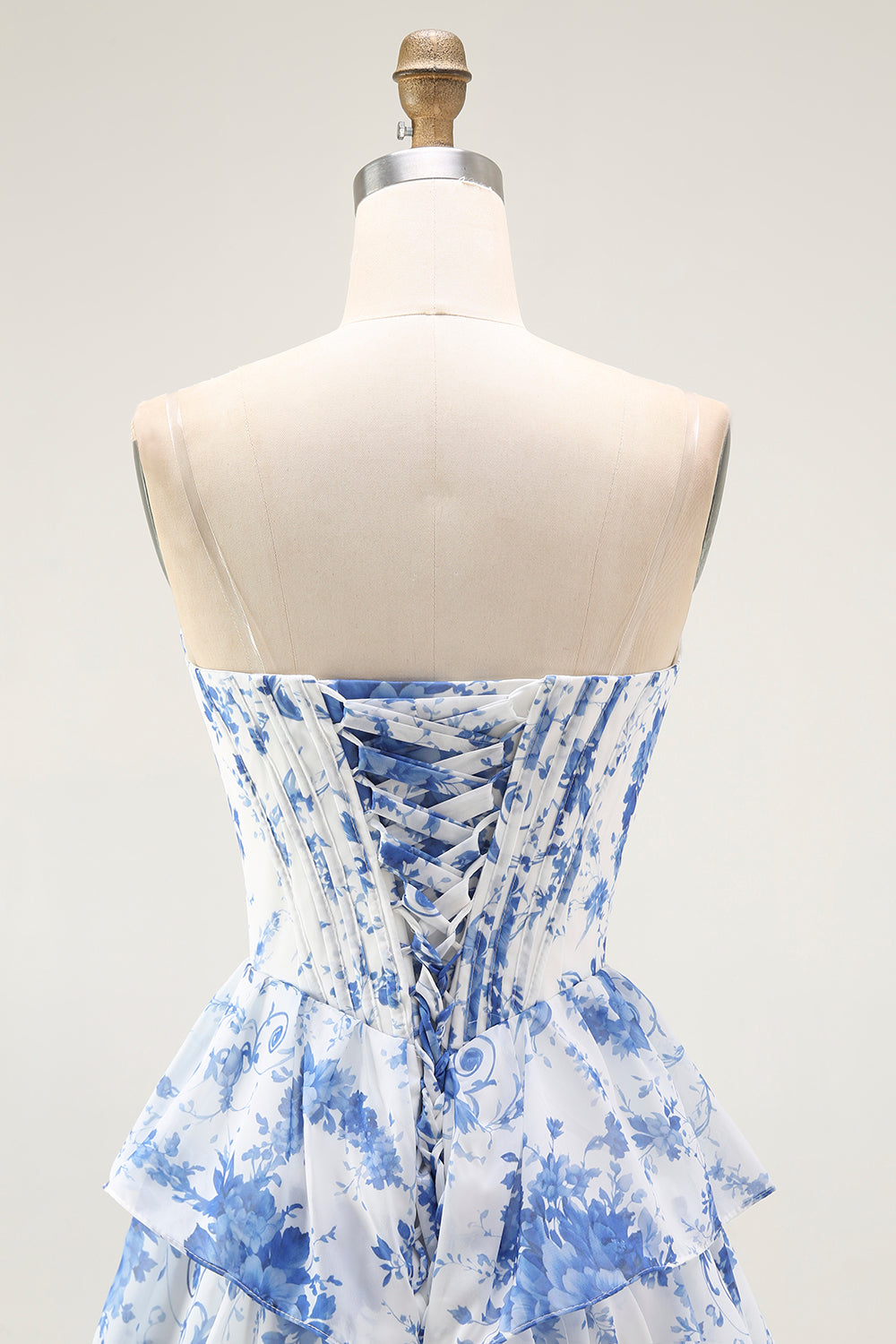 Blue White Flower A Line Ruffled Corset Long Formal Dress with Slit