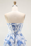 Blue White Flower A Line Ruffled Corset Long Formal Dress with Slit