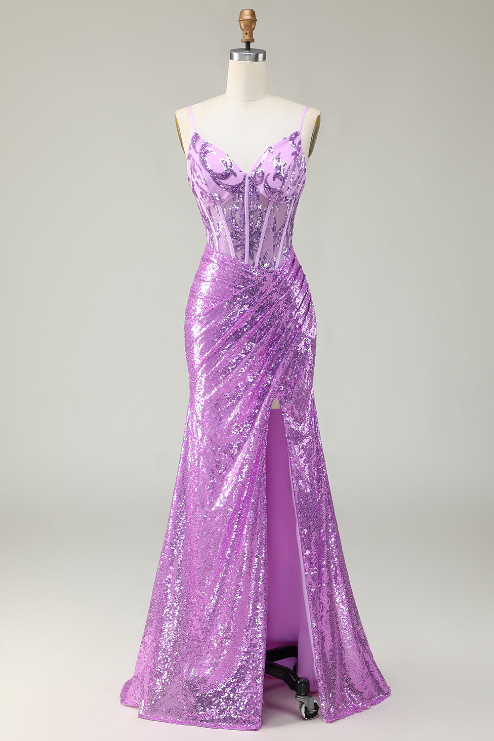 Sparkly Mermaid Purple Corset Sequins Long Formal Dress With Slit