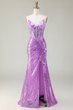 Sparkly Mermaid Purple Corset Sequins Long Formal Dress With Slit