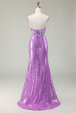 Sparkly Mermaid Purple Corset Sequins Long Formal Dress With Slit