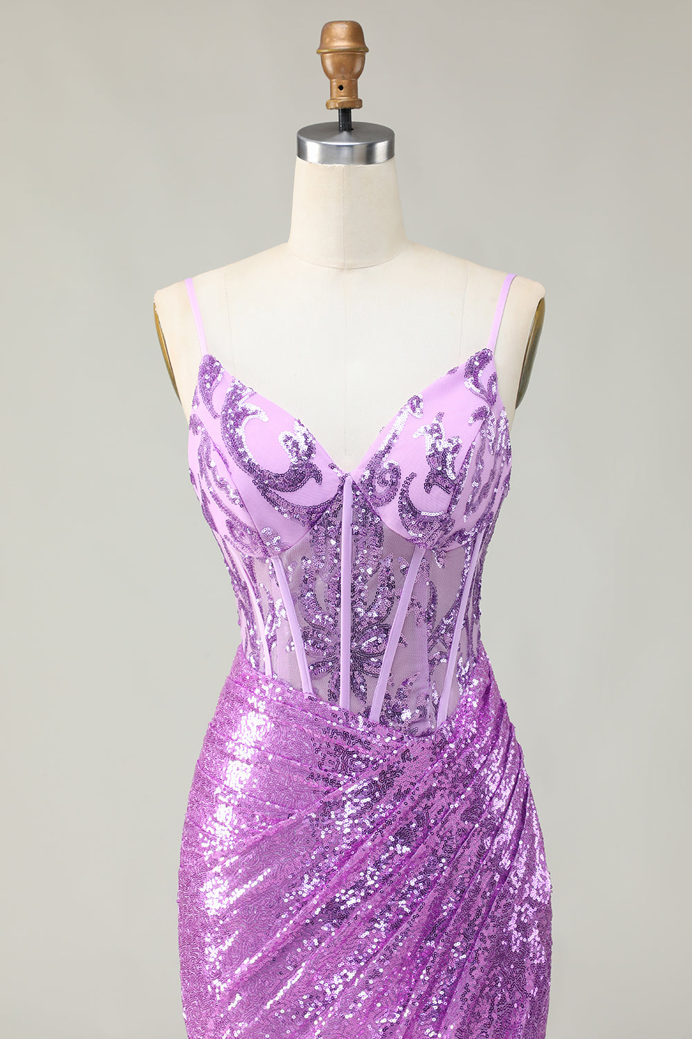 Sparkly Mermaid Purple Corset Sequins Long Formal Dress With Slit