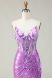 Sparkly Mermaid Purple Corset Sequins Long Formal Dress With Slit