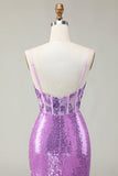Sparkly Mermaid Purple Corset Sequins Long Formal Dress With Slit