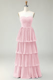 Blush Pink A Line Strapless Pleated Ruffled Long Bridesmaid Dress