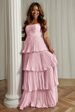 A-Line Strapless Blush Pink Pleated Tiered Bridesmaid Dress