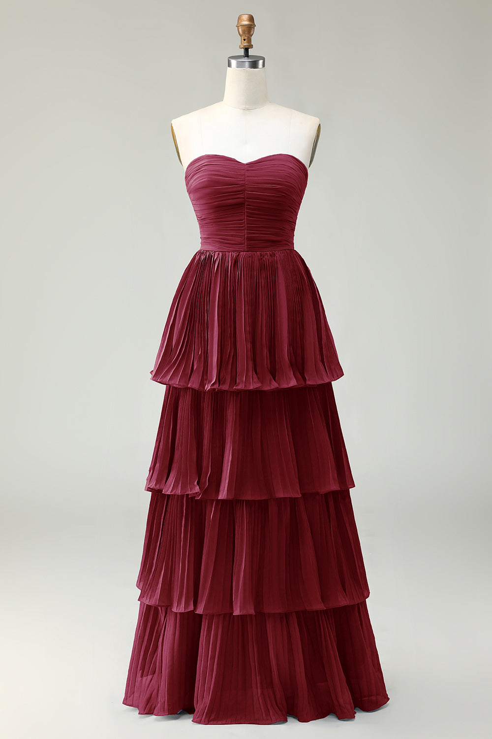 Dusty Blue A Line Ruffled Pleated Tiered Long Bridesmaid Dress