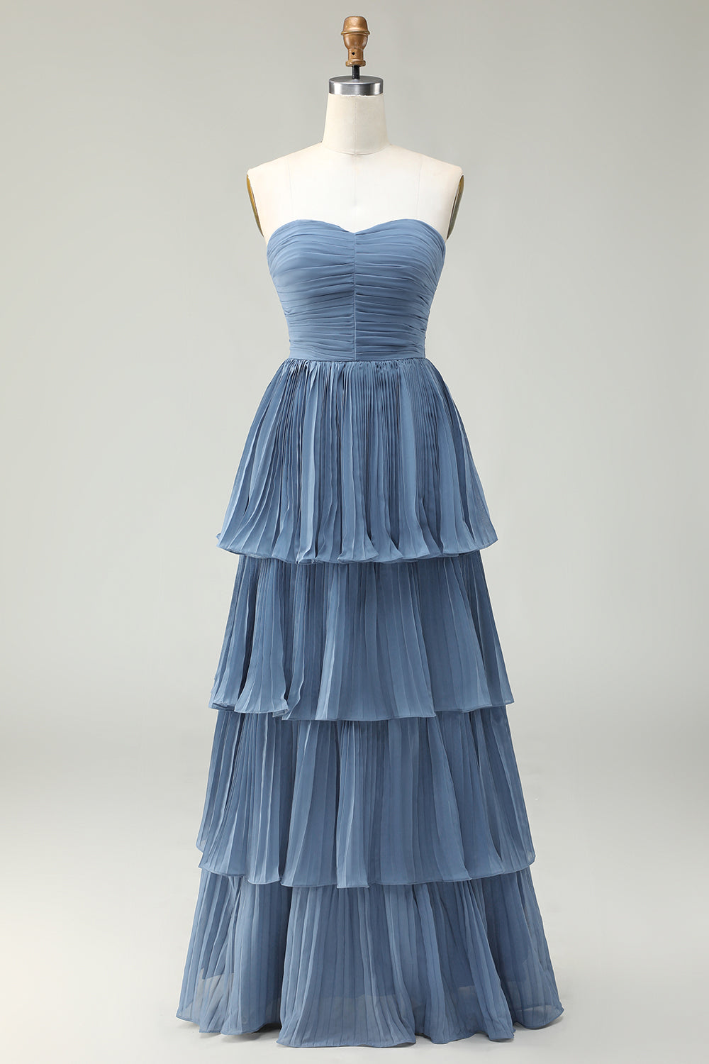 Dusty Blue A Line Ruffled Pleated Tiered Long Bridesmaid Dress