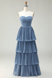 Dusty Blue A Line Ruffled Pleated Tiered Long Bridesmaid Dress