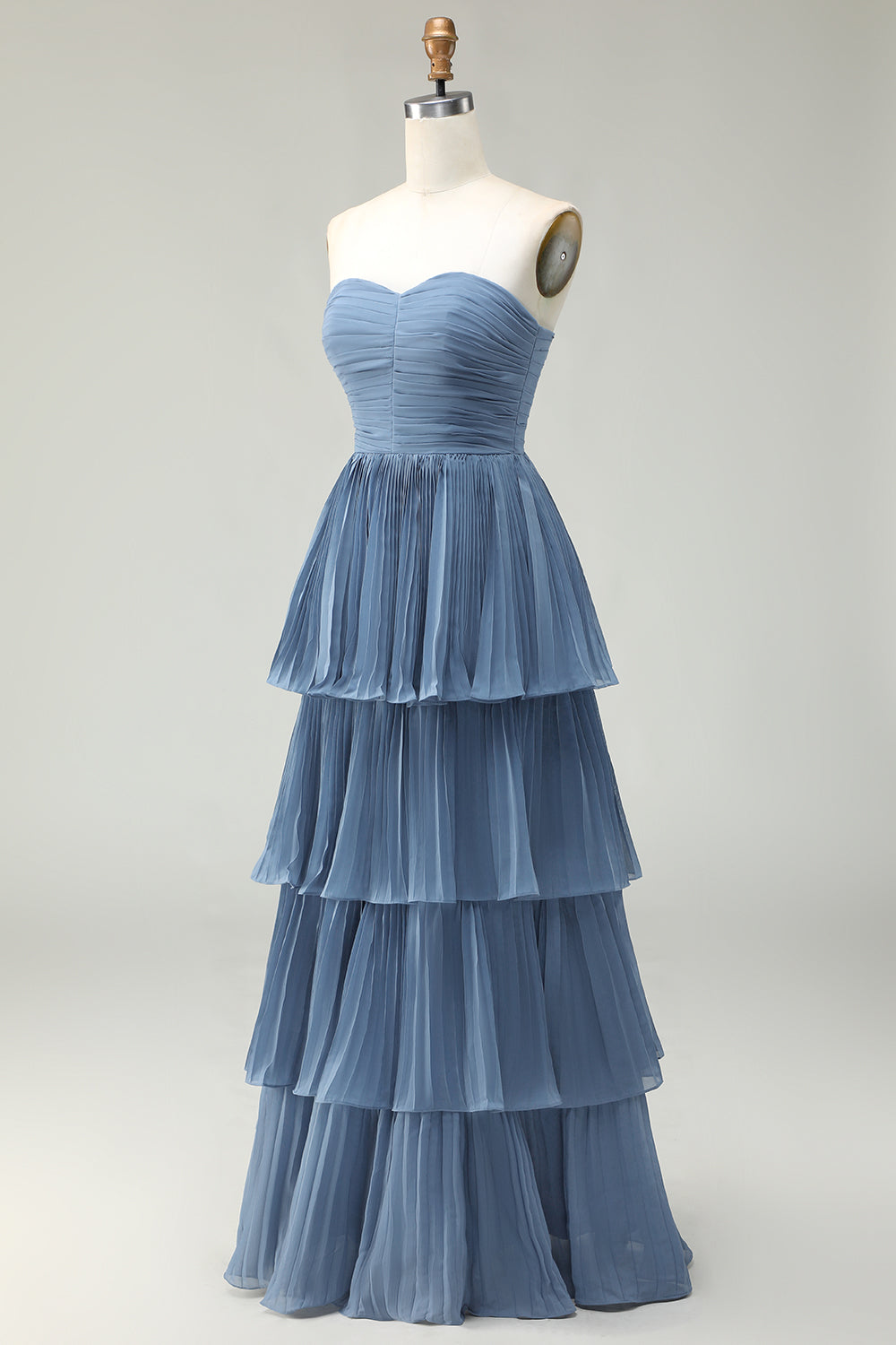 Dusty Blue A Line Ruffled Pleated Tiered Long Bridesmaid Dress