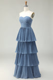 Dusty Blue A Line Ruffled Pleated Tiered Long Bridesmaid Dress