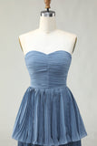 Dusty Blue A Line Ruffled Pleated Tiered Long Bridesmaid Dress