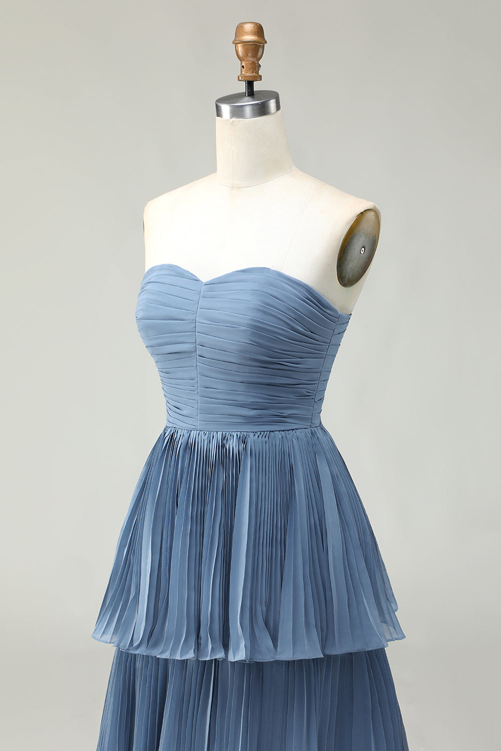 Dusty Blue A Line Ruffled Pleated Tiered Long Bridesmaid Dress