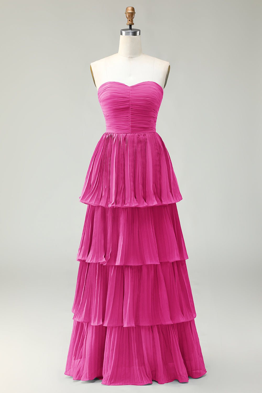 Dusty Blue A Line Ruffled Pleated Tiered Long Bridesmaid Dress