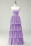 Blush Pink A Line Strapless Pleated Ruffled Long Bridesmaid Dress
