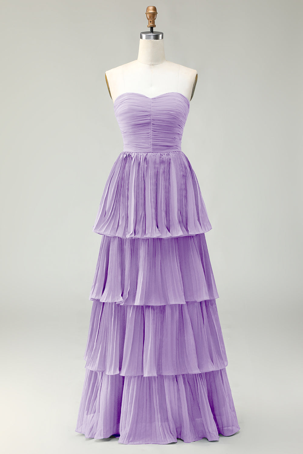 Dusty Blue A Line Ruffled Pleated Tiered Long Bridesmaid Dress