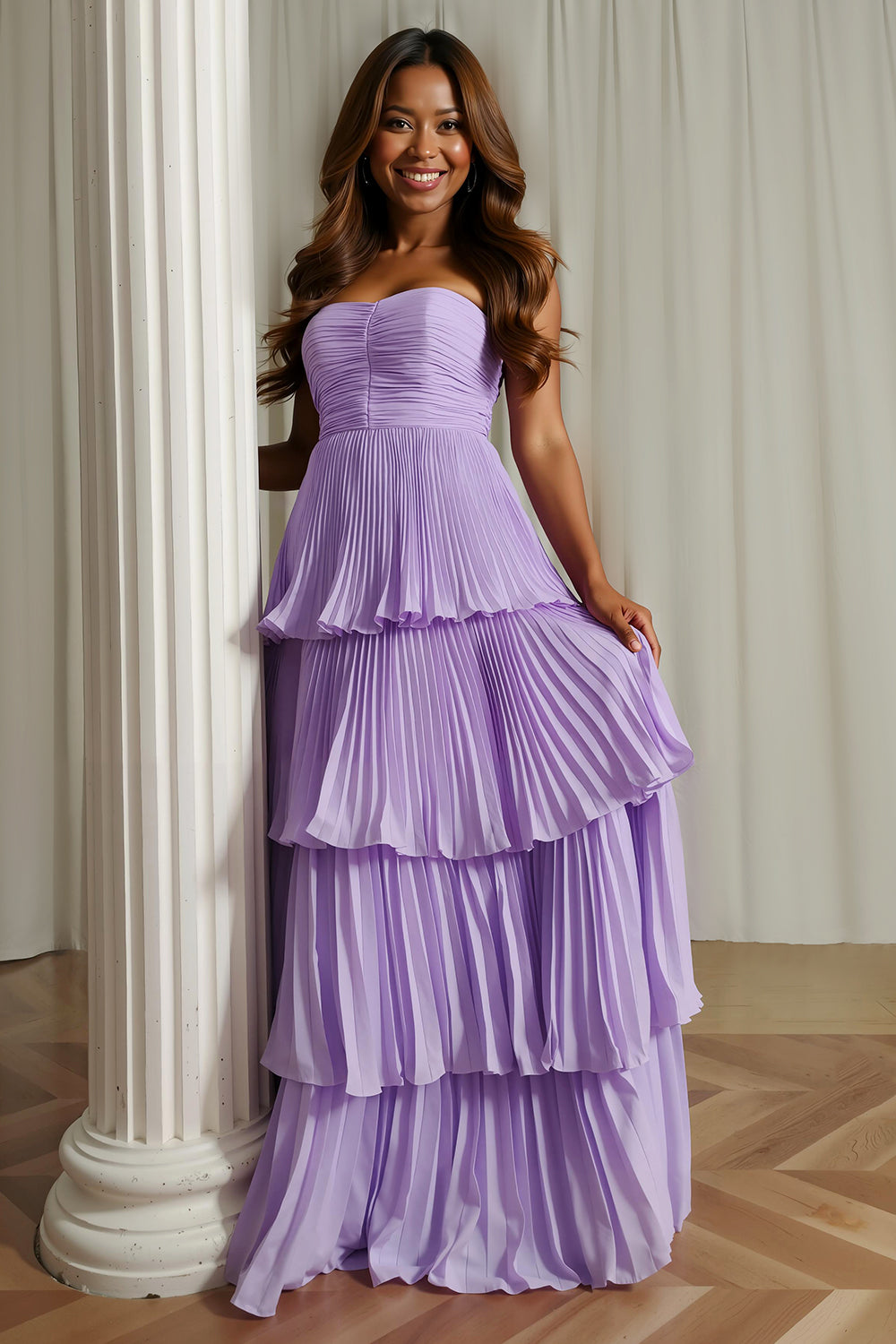 A-Line Strapless Blush Pink Pleated Tiered Bridesmaid Dress