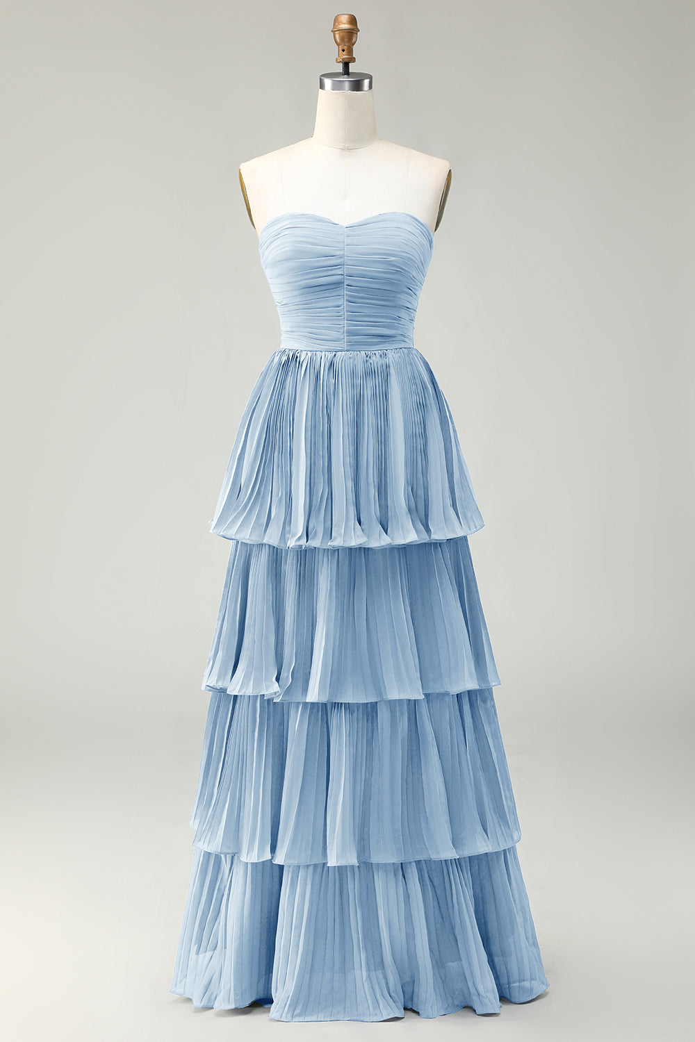 Dusty Blue A Line Ruffled Pleated Tiered Long Bridesmaid Dress