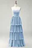 Dusty Blue A Line Ruffled Pleated Tiered Long Bridesmaid Dress