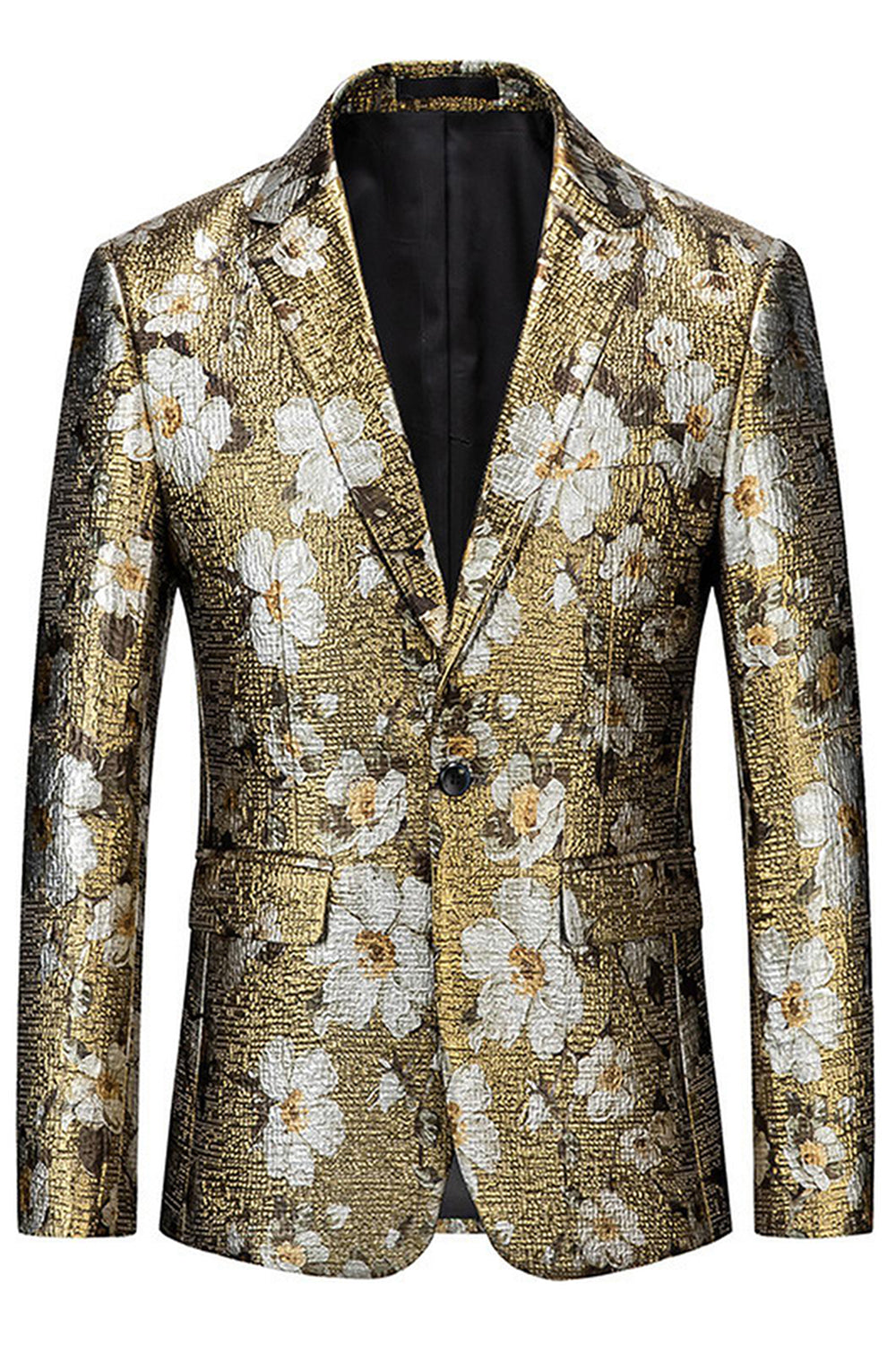 Golden Printed Floral One Button Prom Blazer