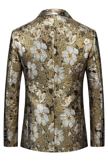 Golden Printed Floral One Button Prom Blazer