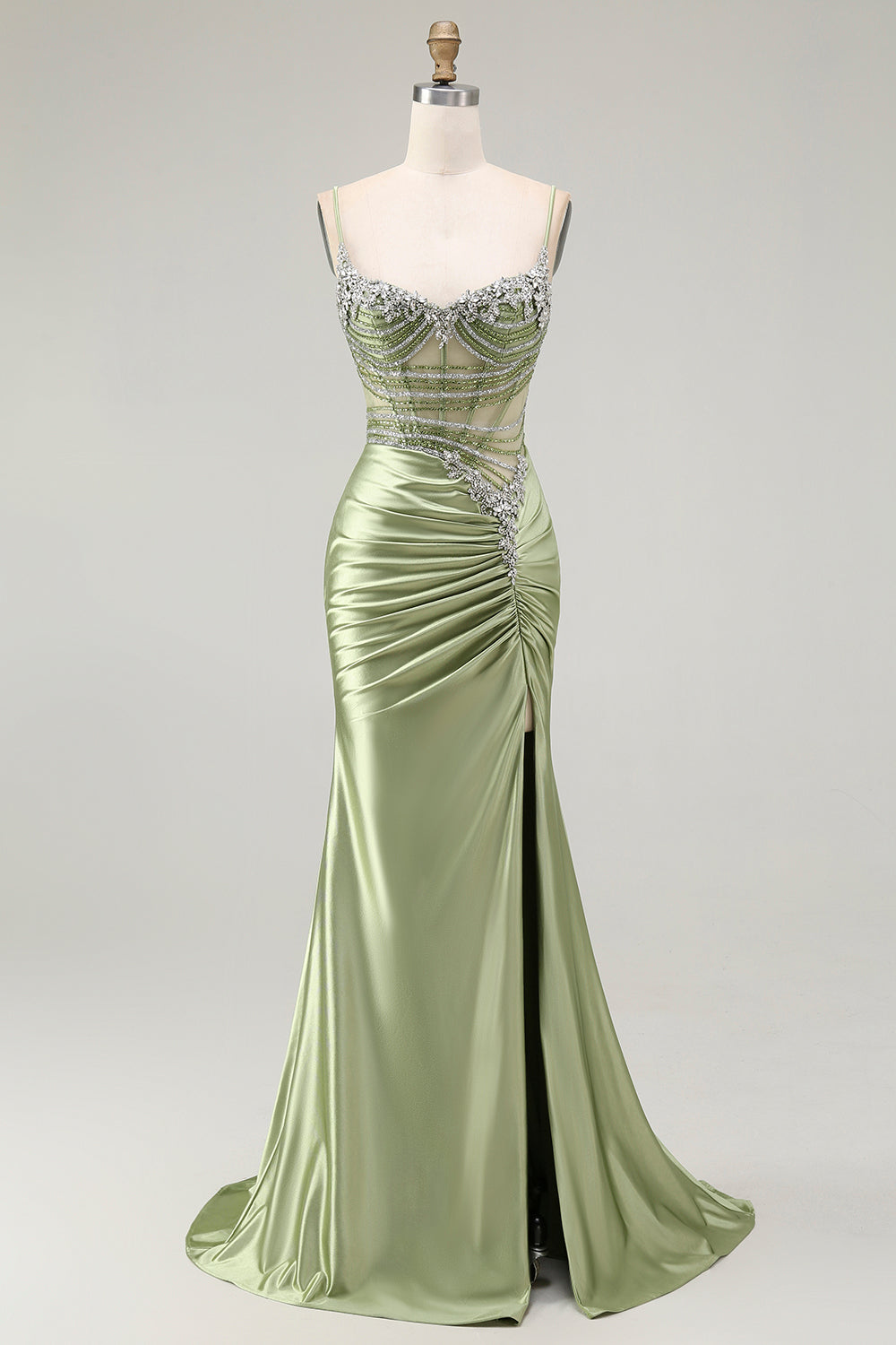 Zapaka Women Sparkly Green Corset Long Formal Dress Satin Spaghetti Straps Mermaid Ruched Evening Dress with Slit