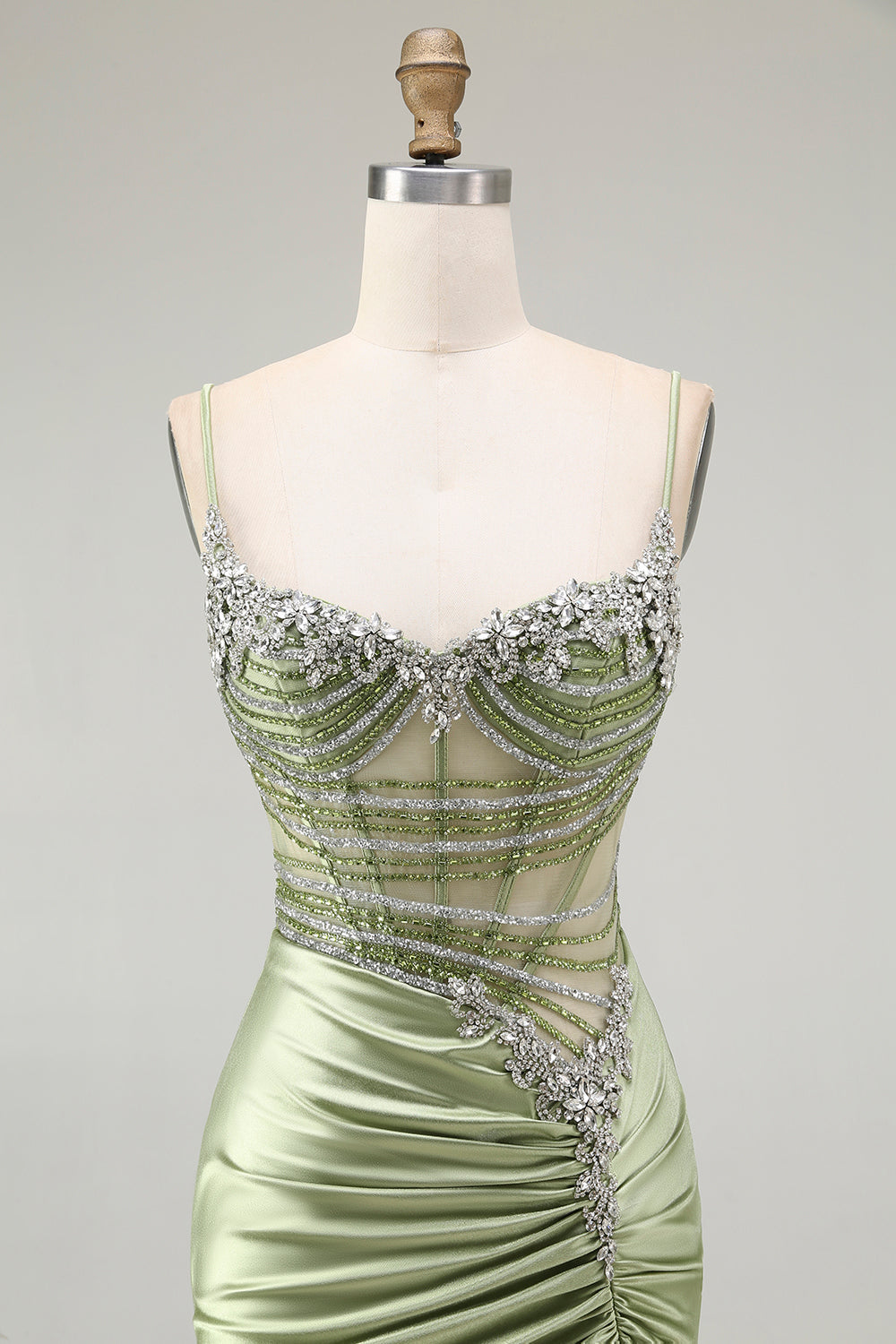 Sparkly Green Mermaid Corset Beaded Satin Long Formal Dress with Slit