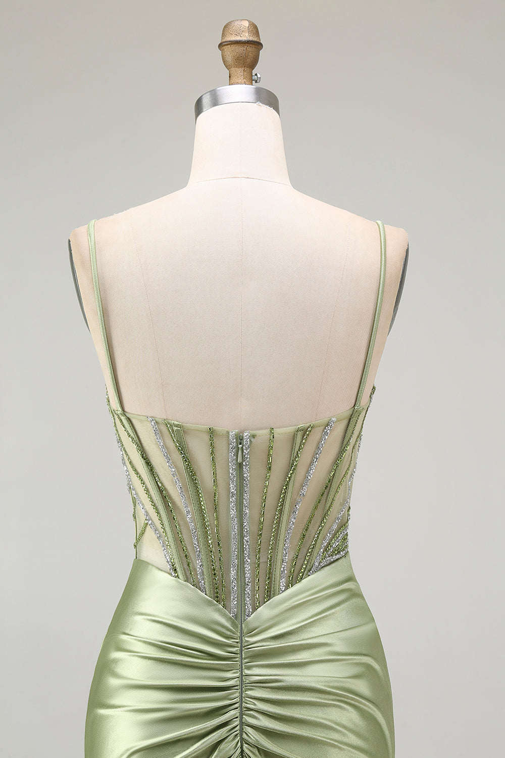 Sparkly Green Mermaid Corset Beaded Satin Long Formal Dress with Slit