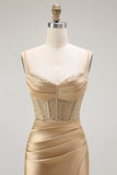 Sparkly Golden Mermaid Ruched Corset Long Formal Dress with Slit