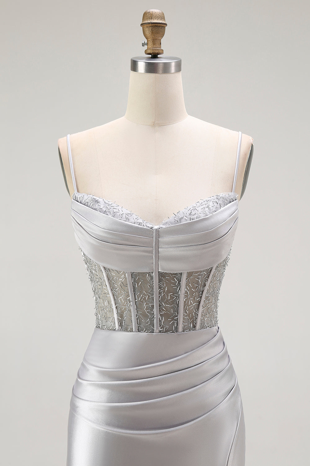 Sparkly Golden Mermaid Ruched Corset Long Formal Dress with Slit