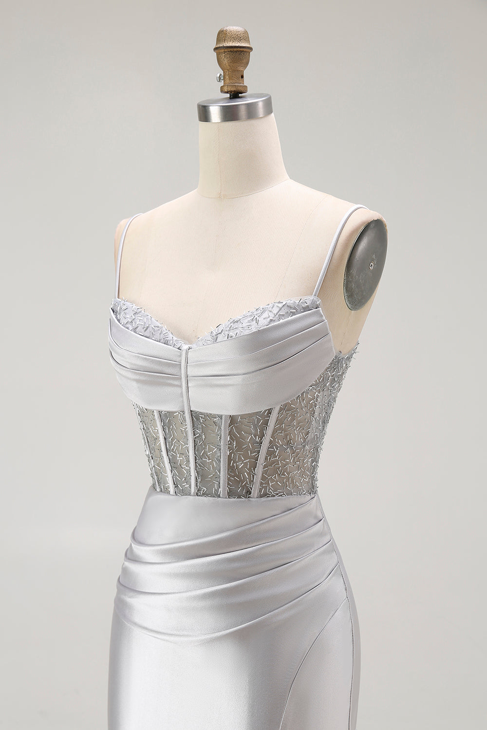 Sparkly Golden Mermaid Ruched Corset Long Formal Dress with Slit