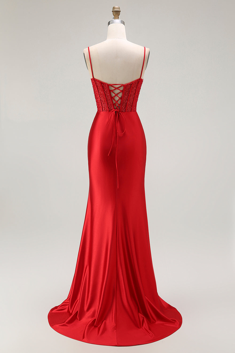 Red Mermaid Corset Spaghetti Straps Long Formal Dress with Slit
