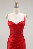 Red Mermaid Corset Spaghetti Straps Long Formal Dress with Slit