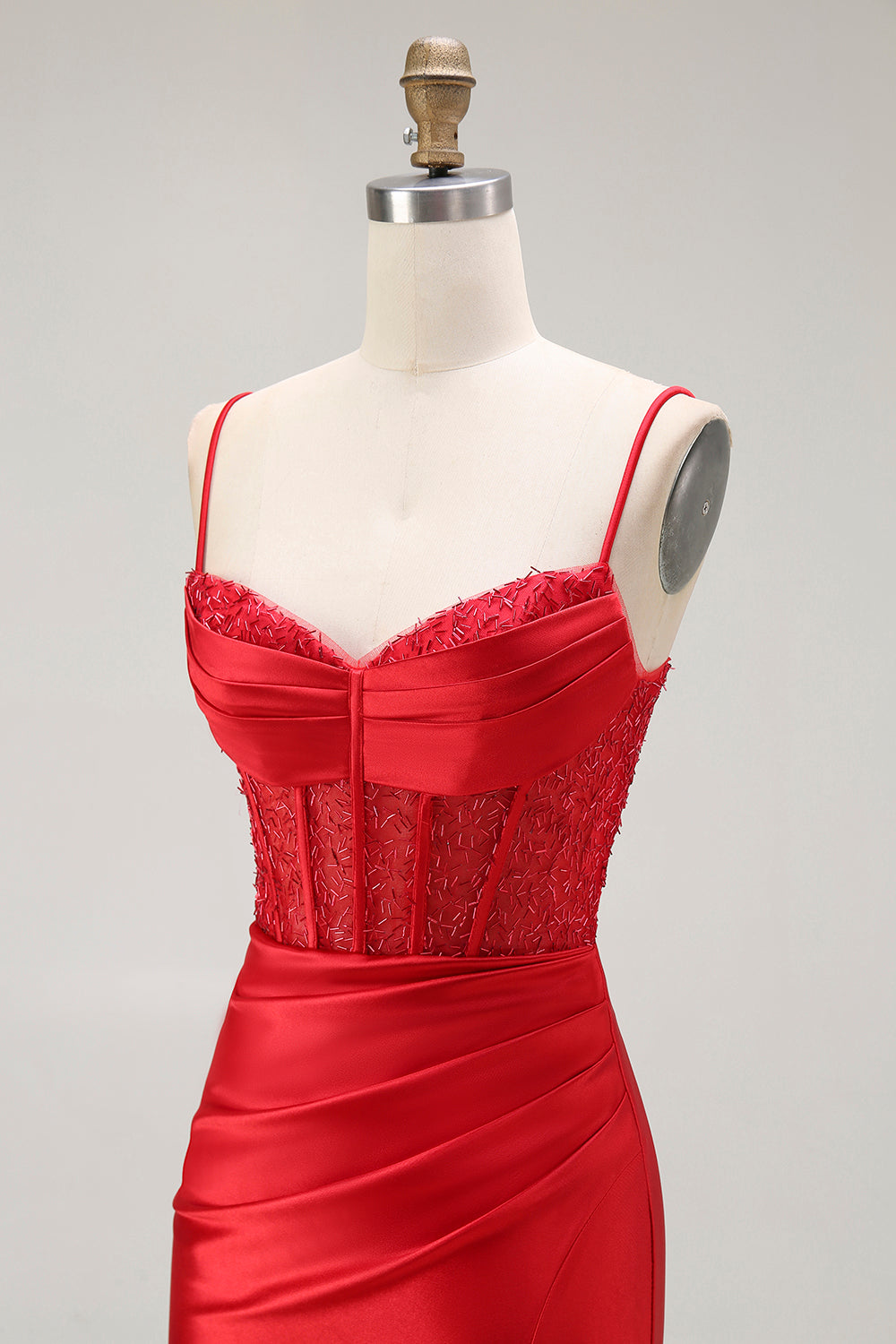 Red Mermaid Corset Spaghetti Straps Long Formal Dress with Slit