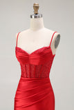 Red Mermaid Corset Spaghetti Straps Long Formal Dress with Slit