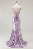 Sparkly Lilac Mermaid Appliqued Beaded Long Formal Dress with Slit