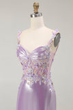 Sparkly Lilac Mermaid Appliqued Beaded Long Formal Dress with Slit
