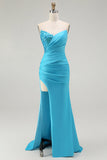 Sparkly Blue Strapless Mermaid Ruched Long Formal Dress with Slit