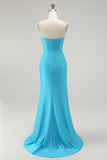 Sparkly Blue Strapless Mermaid Ruched Long Formal Dress with Slit