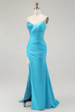 Sparkly Blue Strapless Mermaid Ruched Long Formal Dress with Slit