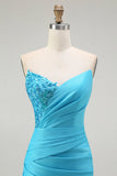 Sparkly Blue Strapless Mermaid Ruched Long Formal Dress with Slit