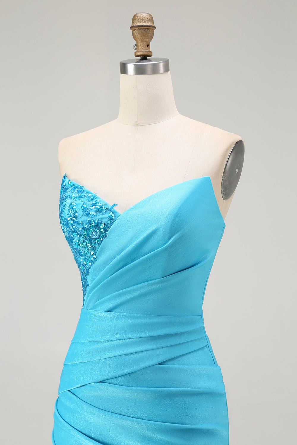Sparkly Blue Strapless Mermaid Ruched Long Formal Dress with Slit