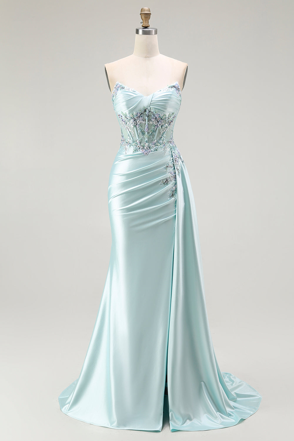 Sparkly Light Green Mermaid Corset Beaded Long Formal Dress with Streamer