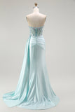 Sparkly Light Green Mermaid Corset Beaded Long Formal Dress with Streamer