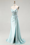 Sparkly Light Green Mermaid Corset Beaded Long Formal Dress with Streamer
