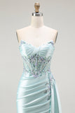 Sparkly Light Green Mermaid Corset Beaded Long Formal Dress with Streamer