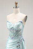 Sparkly Light Green Mermaid Corset Beaded Long Formal Dress with Streamer